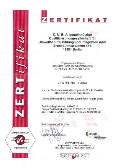 Urkunde der gemeinnützigen C.U.B.A. GmbH über die Trägerzulassung nach AZAV durch die Zertpunkt GmbH. (Abbildung: Zertpunkt GmbH) 