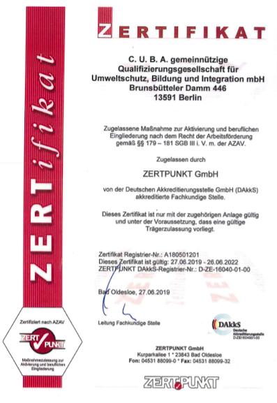 Urkunde für die Zertifizierung der C.U.B.A. gGmbH nach AZAV durch die Firma Zertpunkt GmbH.