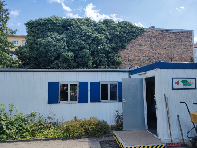 Das Bild zeigt den Büro-Container der C.U.B.A. gGmbH auf dem Betriebsgelände des Grünflächenamtes Berlin-Reinickendorf,  Stargardtstraße 5 – neben dem Schäfersee. Es sind zwei hellgraue Container mit blauen Fensterläden, die über Eck aneinander gestellt sind. 