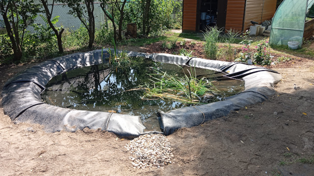 Das Bild zeigt einen im Bau befindlichen Gartenteich von 2,5 Meter Durchmesser. Die Folie ist am Ufer wulstförmig erhöht und befestigt. Im Vordergrund befindet sich in der Wulst eine zirka 15 Zetimeter breite Lücke, die als Überlauf bei starken Regenfällen dient.  Im Teich befindet sich bereits Wasser und einige Wasserpflanzen. 